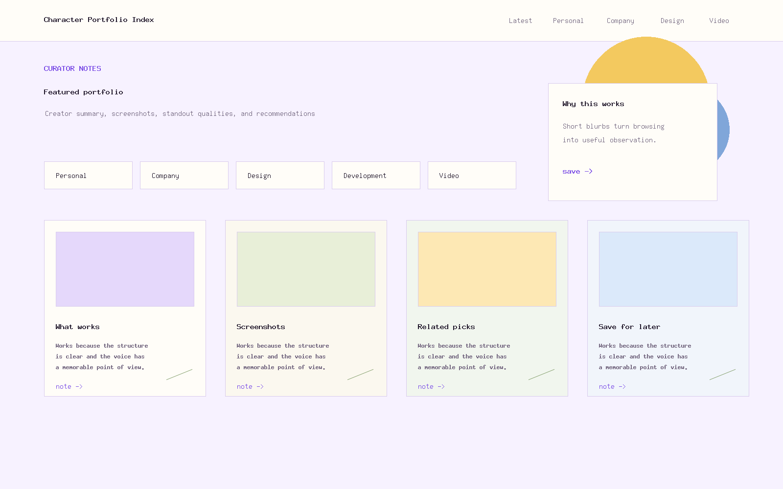 Character Portfolio Index landing page preview