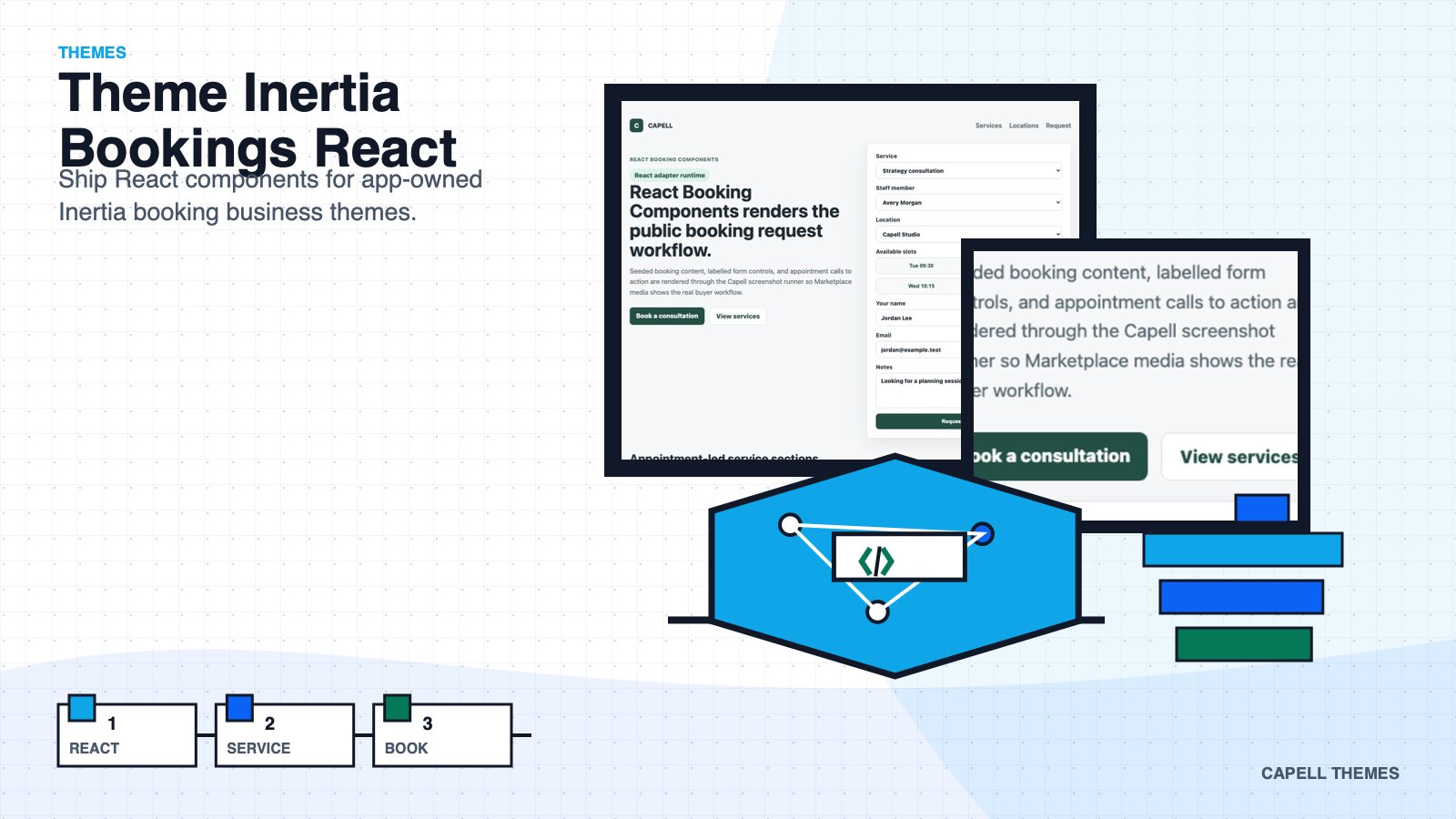 Inertia Bookings React Theme marketplace hero artwork.