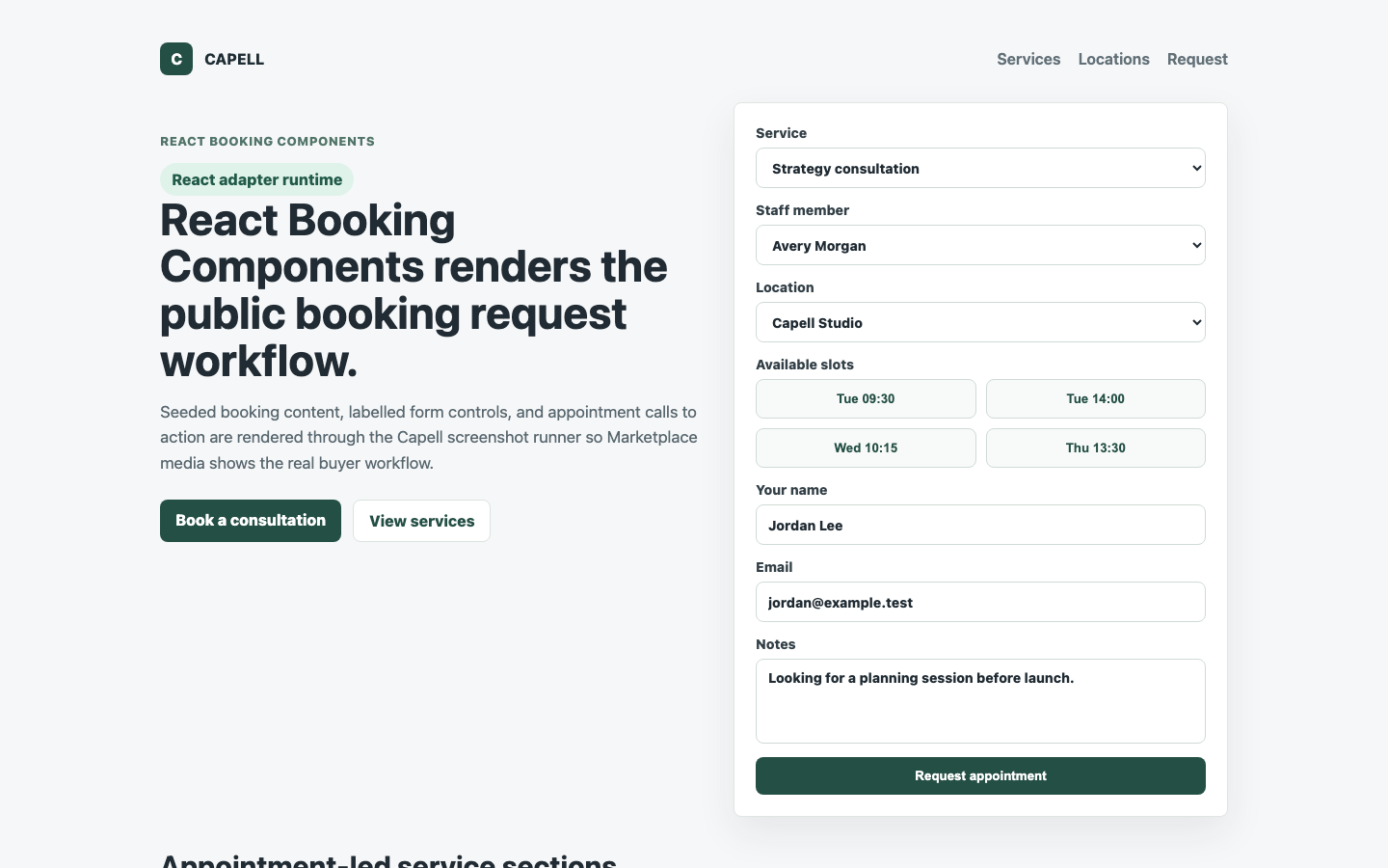 Theme Inertia Bookings React request components rendered through the adapter.