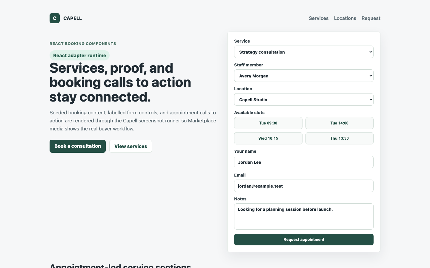 Theme Inertia Bookings React services sections rendered with booking-focused cards.