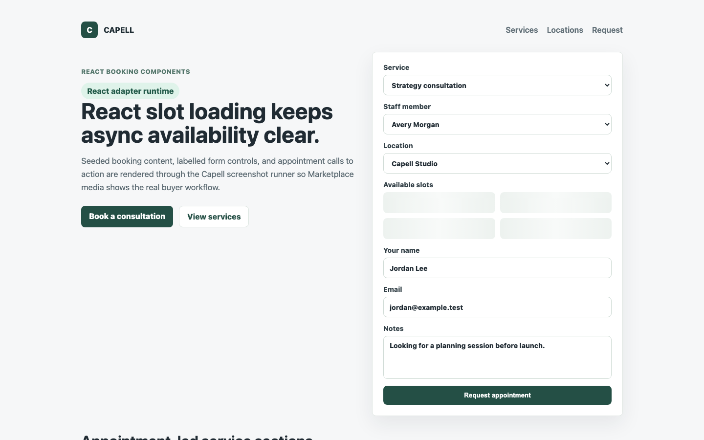 Theme Inertia Bookings React slot loading state with stable public selectors.