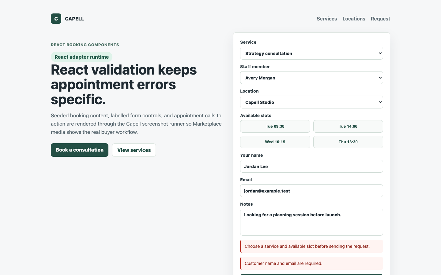 Theme Inertia Bookings React validation state with accessible inline errors.