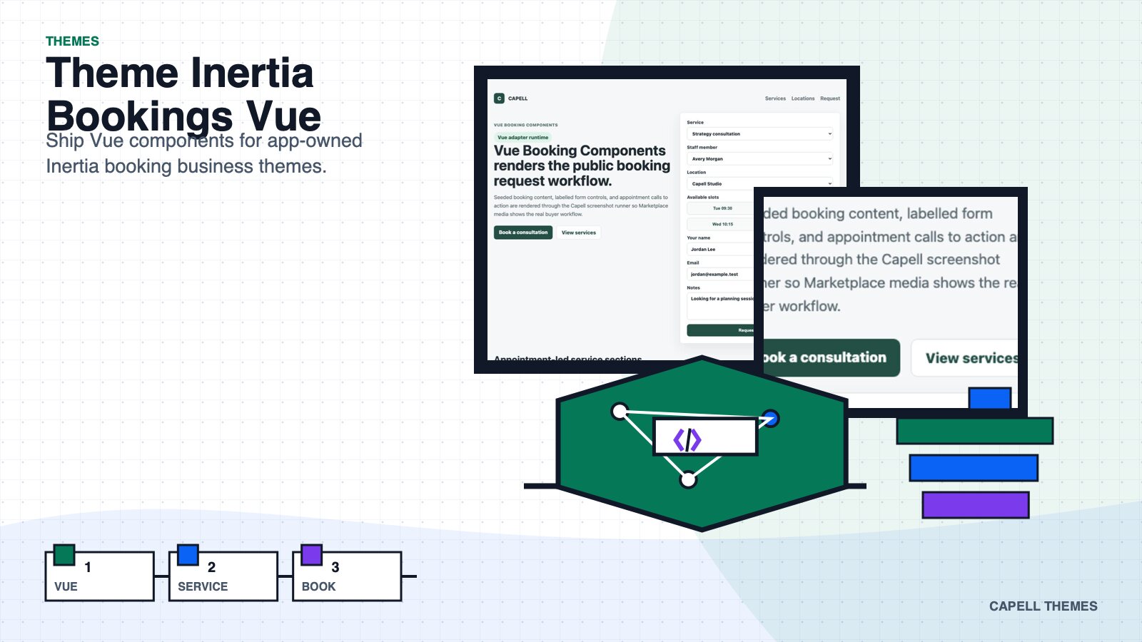 Inertia Bookings Vue Theme marketplace hero artwork.
