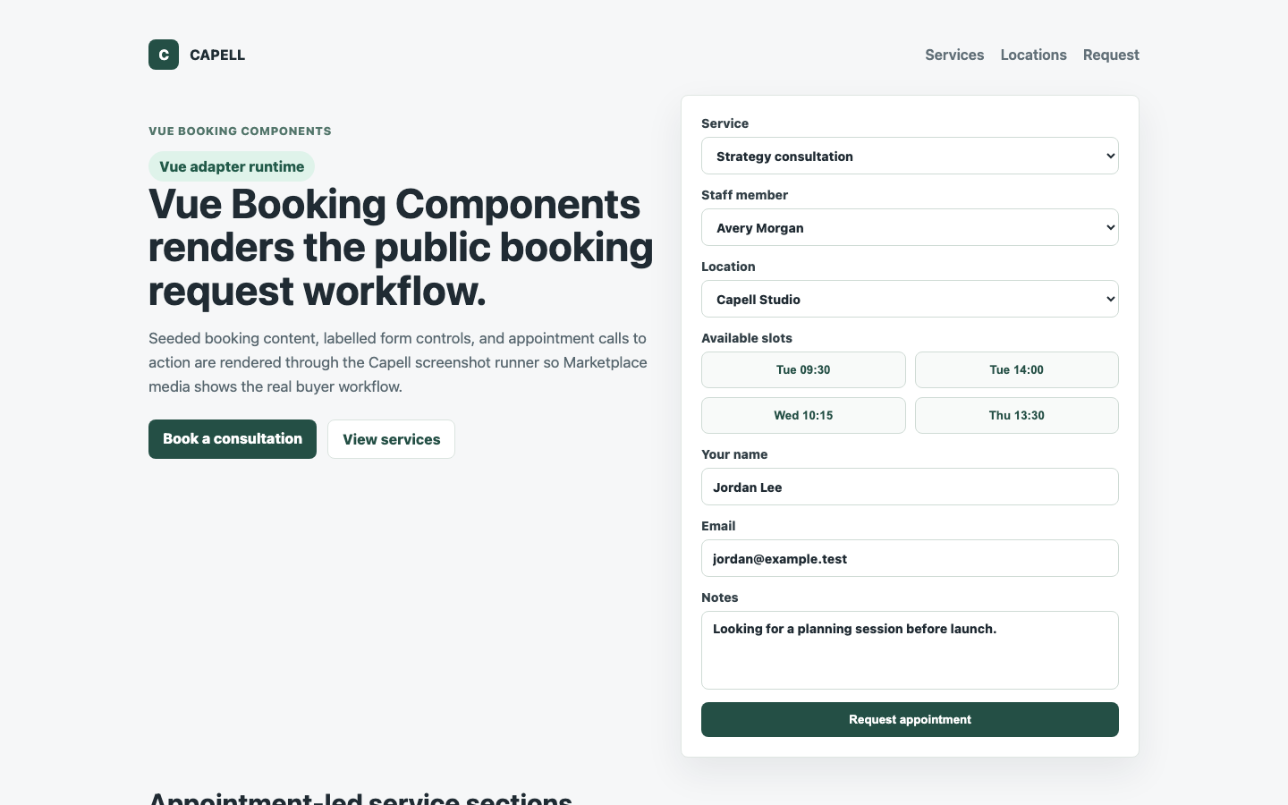 Theme Inertia Bookings Vue request components rendered through the adapter.