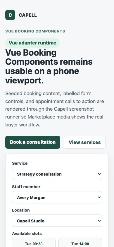 Theme Inertia Bookings Vue mobile booking request layout.