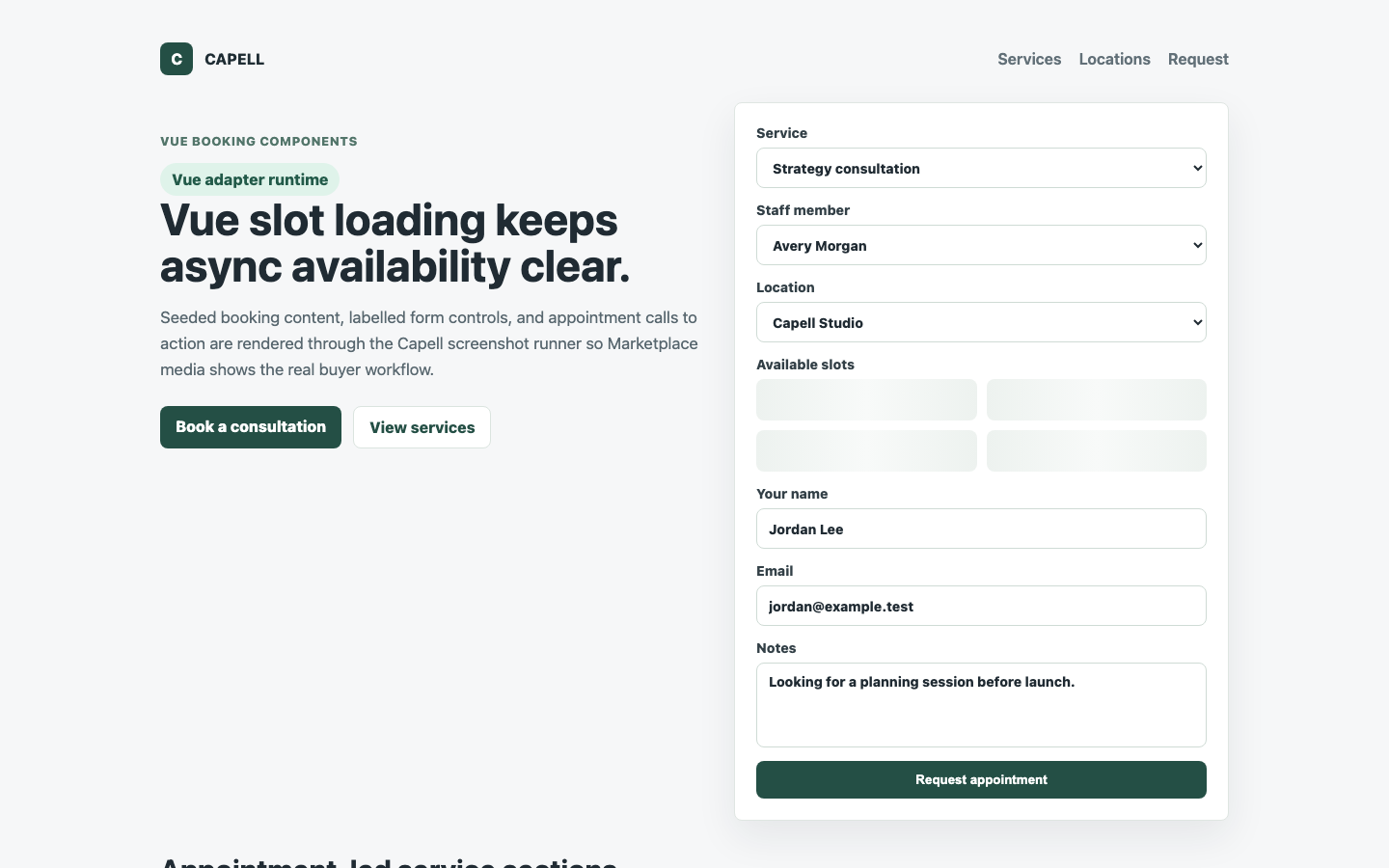 Theme Inertia Bookings Vue slot loading state with stable public selectors.