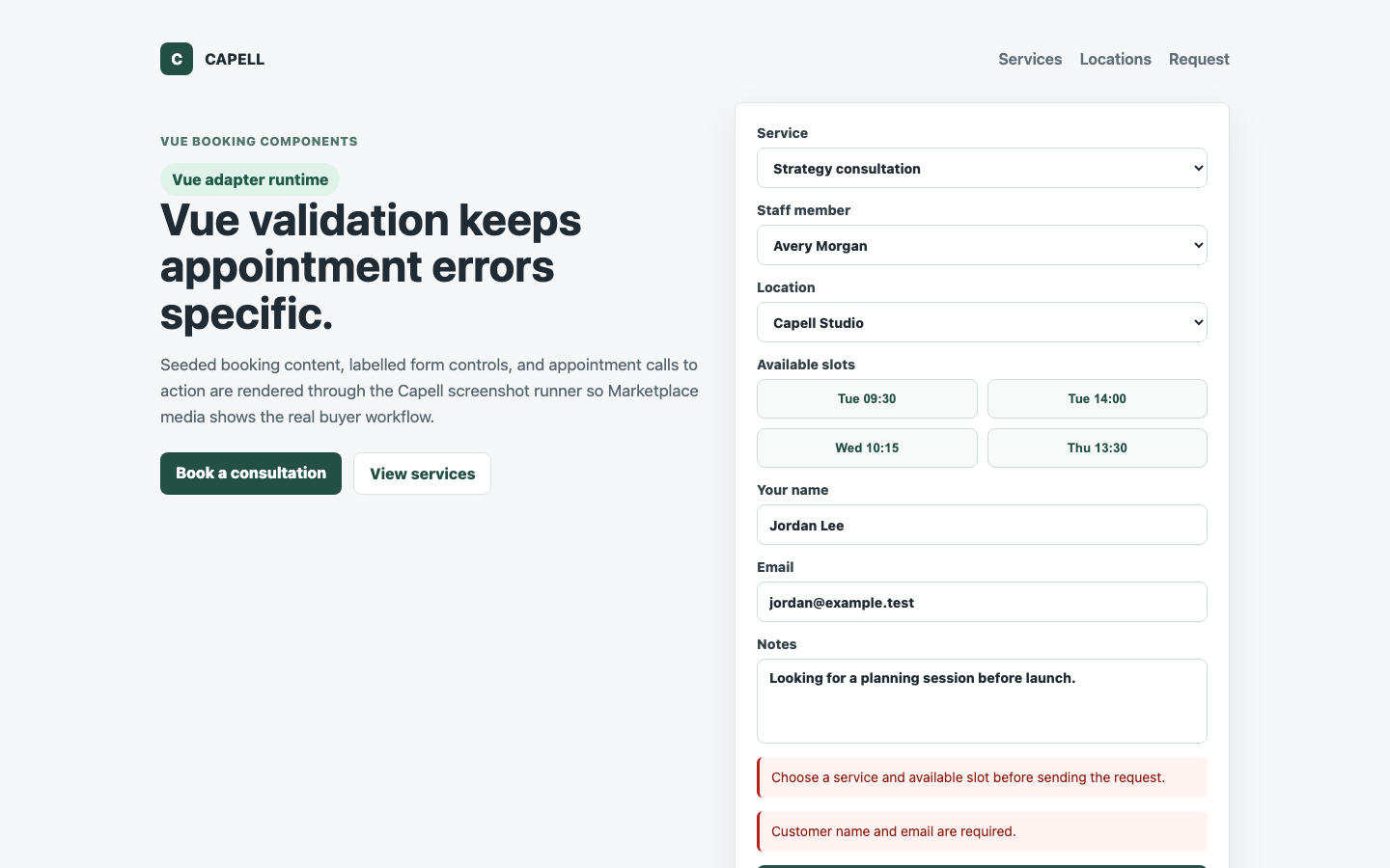Theme Inertia Bookings Vue validation state with accessible inline errors.
