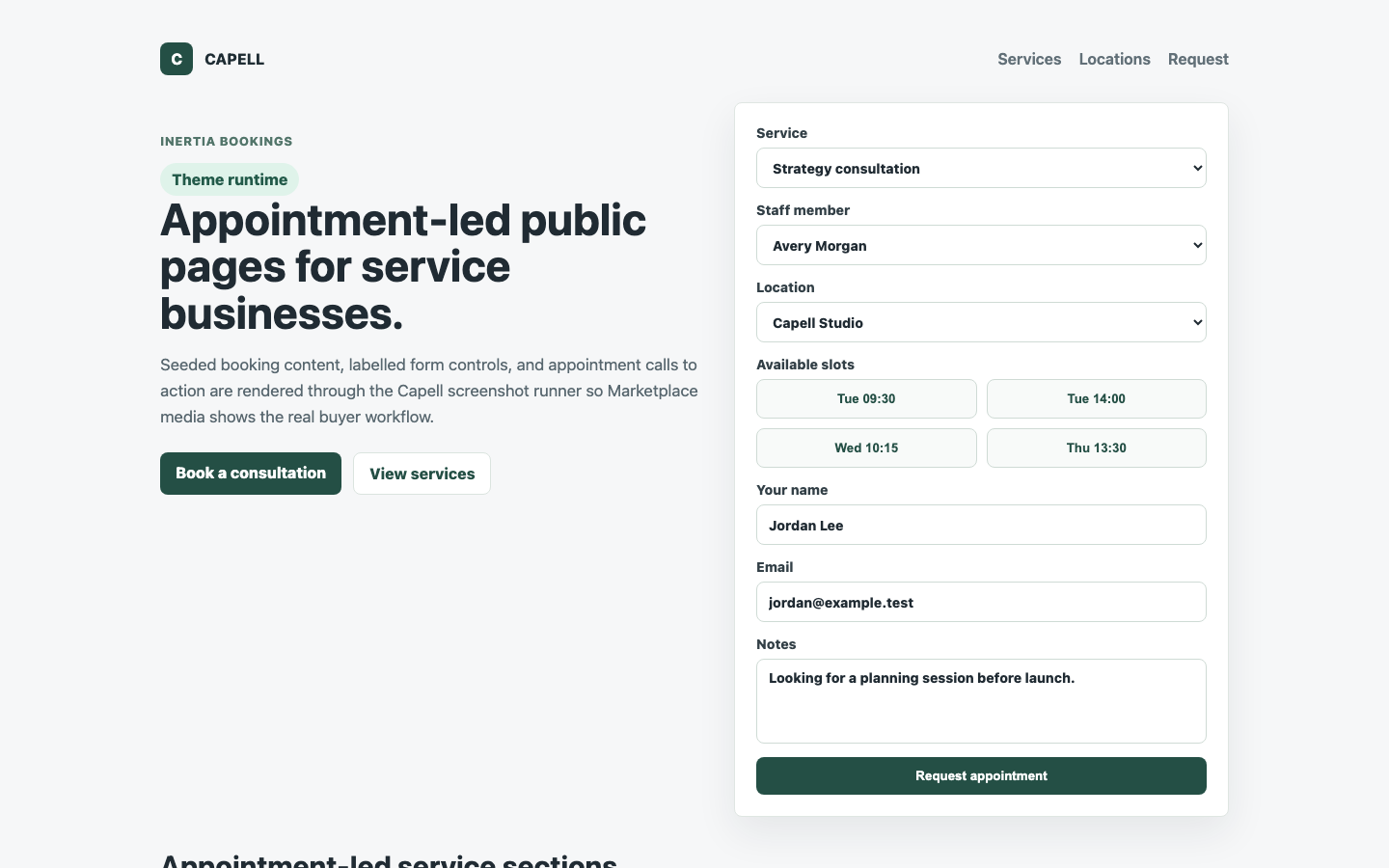 Theme Inertia Bookings homepage with service-led booking content and appointment calls to action.