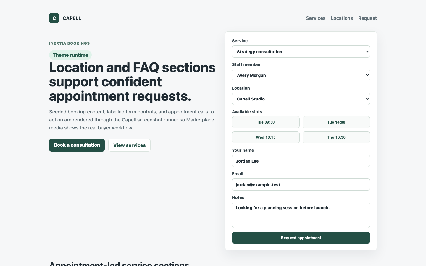 Theme Inertia Bookings locations page with clinic and service-location details.
