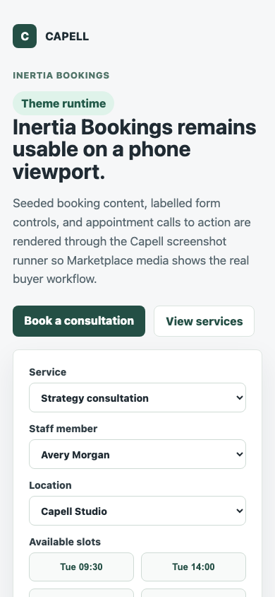 Theme Inertia Bookings mobile appointment request flow with service controls and available slots.