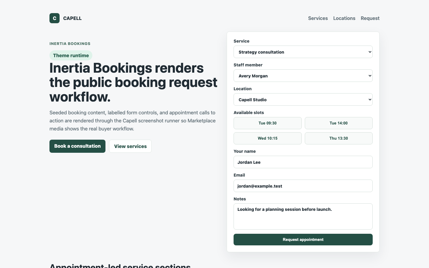 Theme Inertia Bookings appointment request flow with service, staff, location, slot, and customer fields.