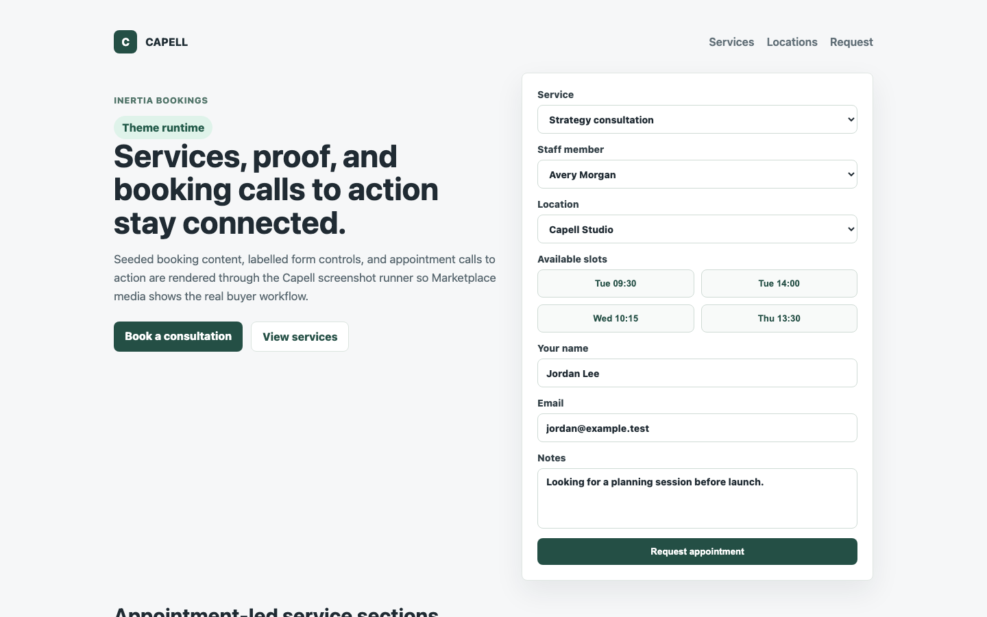 Theme Inertia Bookings services listing with appointment-focused service cards.