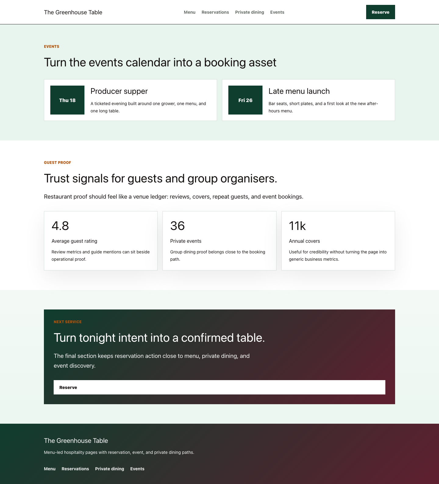 Theme Restaurant events listing rendered for seasonal dining occasions.