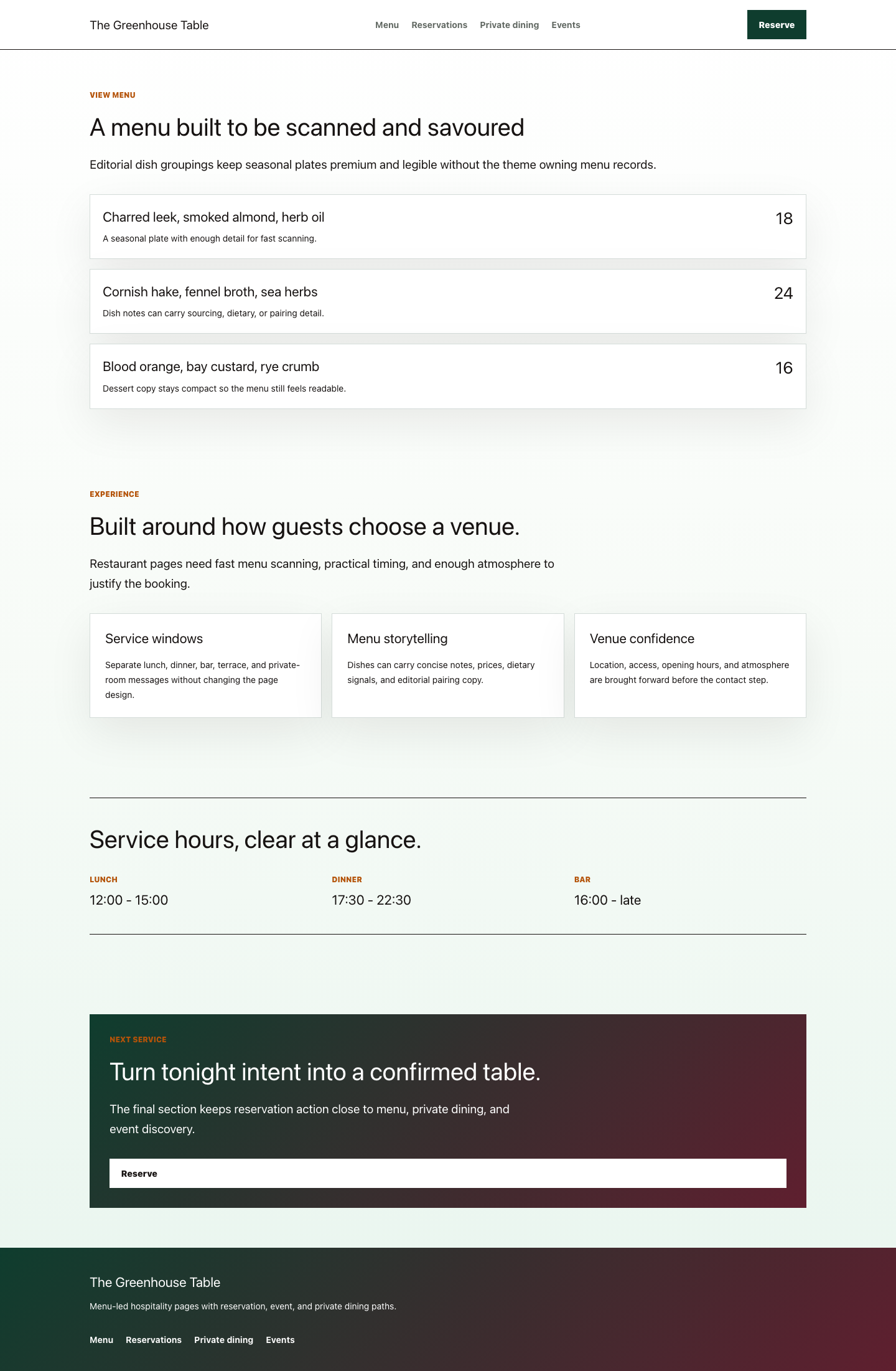 Theme Restaurant menu page rendered with editorial dish content and prices.