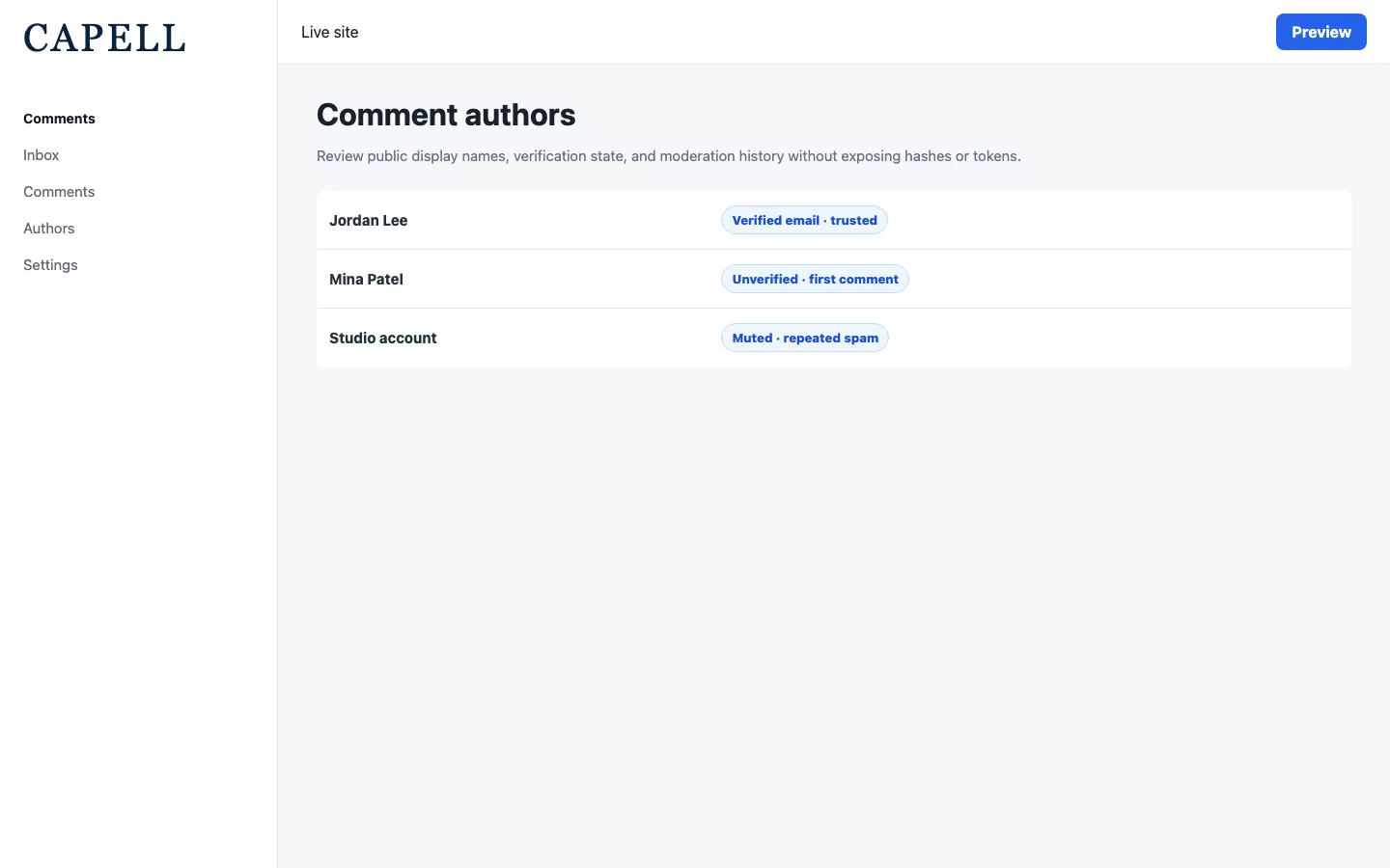 Capell comment authors admin table with verification and trust state