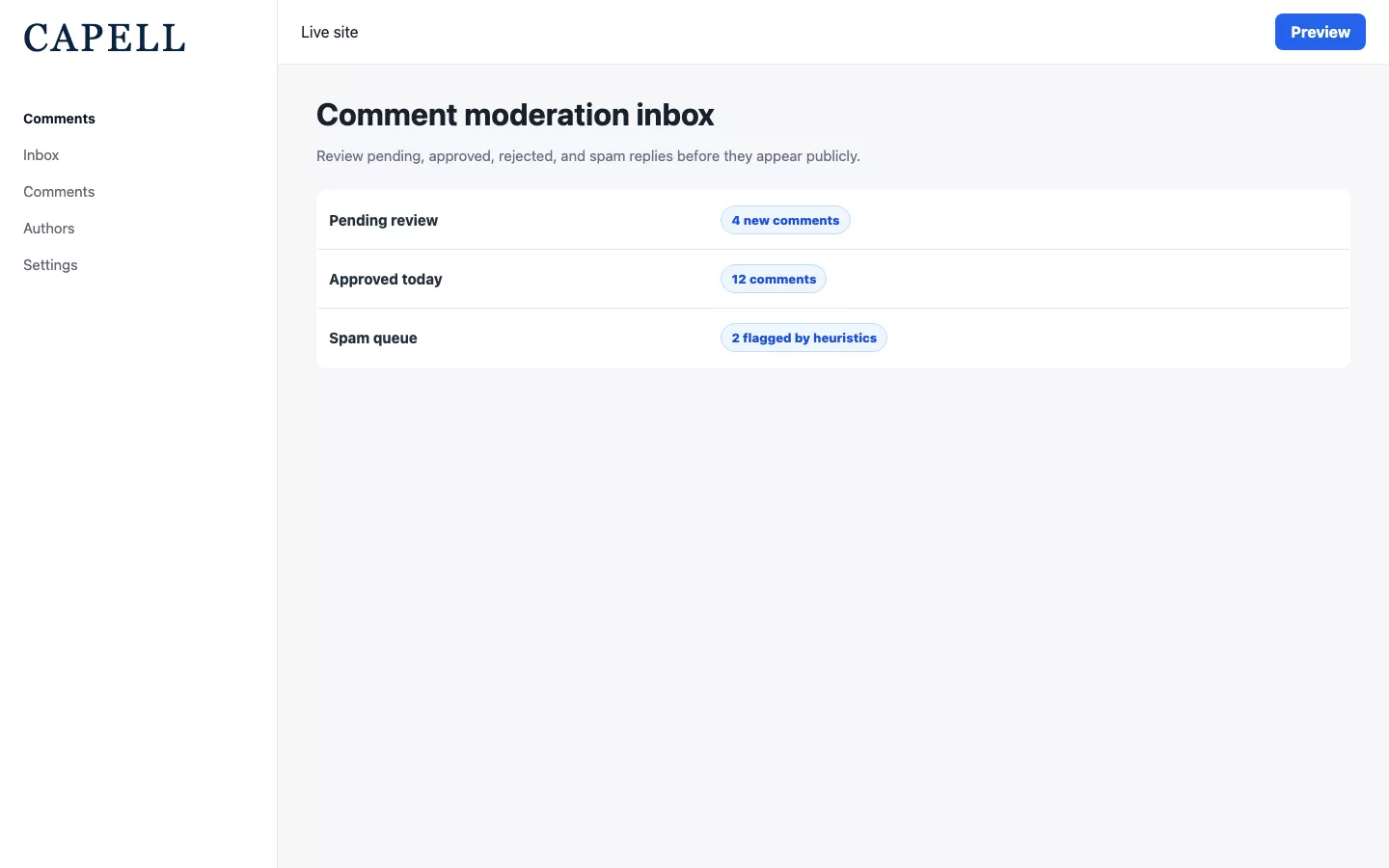 Capell Comments moderation inbox with pending and spam review queues