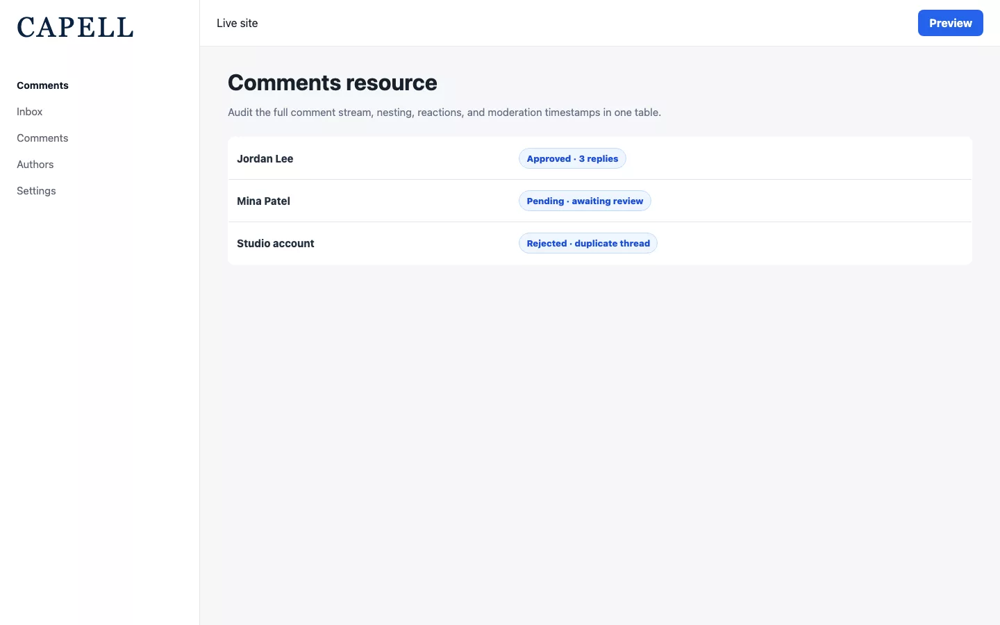 Capell Comments admin table with author statuses and moderation state