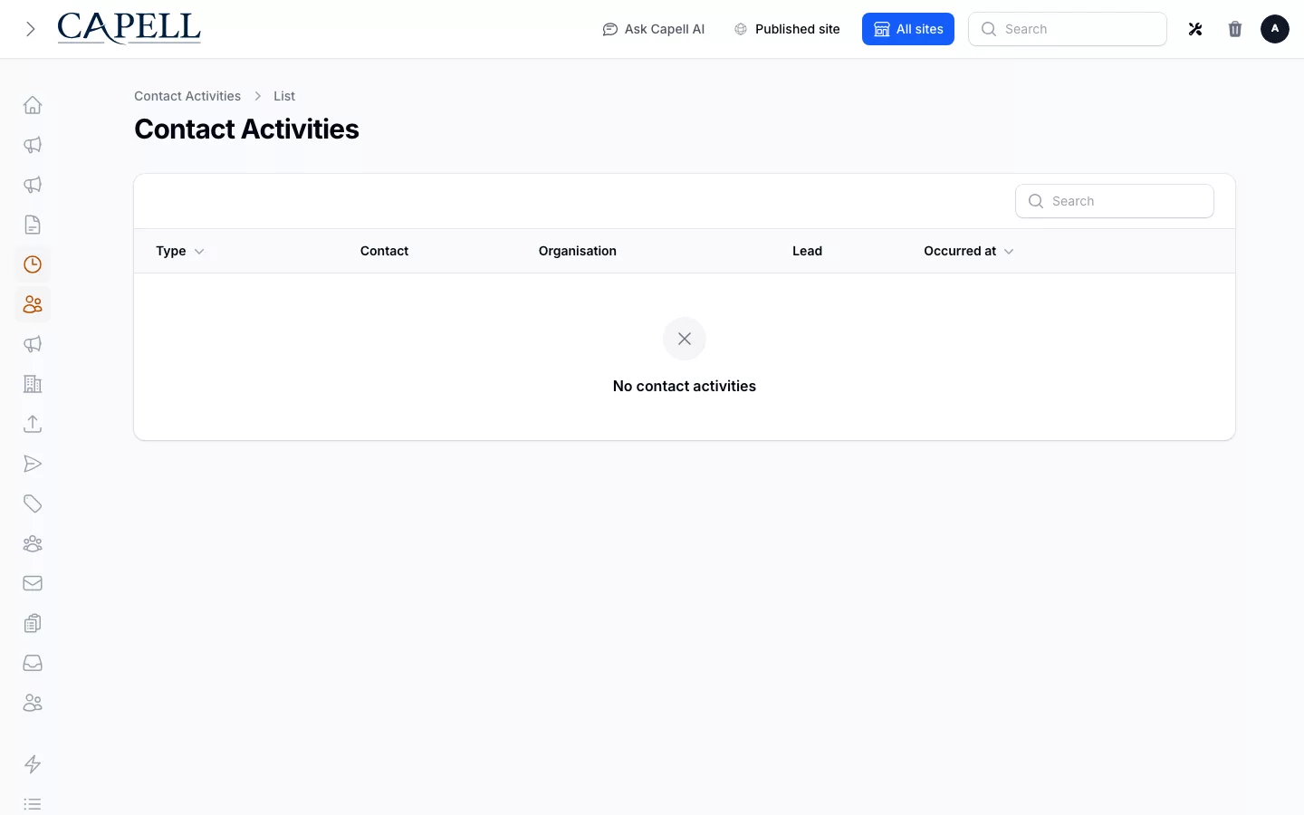 Capell admin Contact Activities table showing form submission and newsletter subscription activity for Ava Morgan and Northstar Studio.