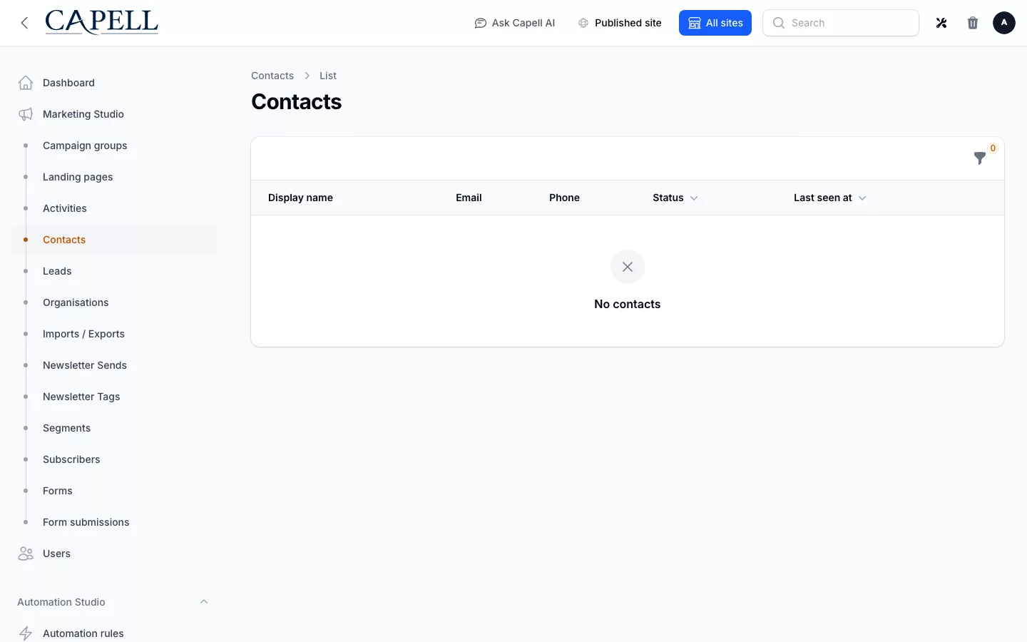 Contacts screenshot showing contacts admin index with admin sidebar menu open.