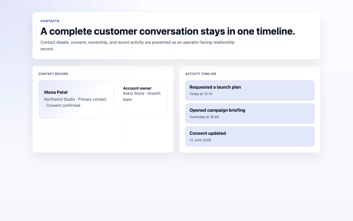 Contacts screenshot showing contact detail with activity timeline.