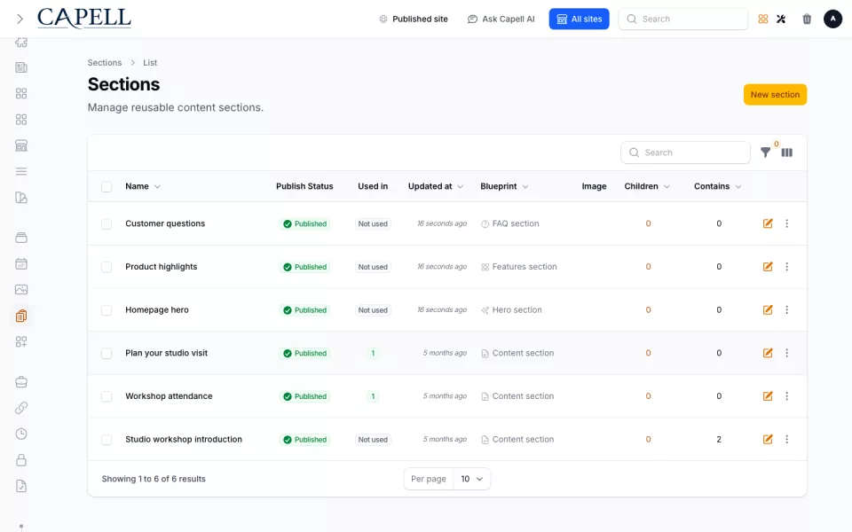 Content Sections preview