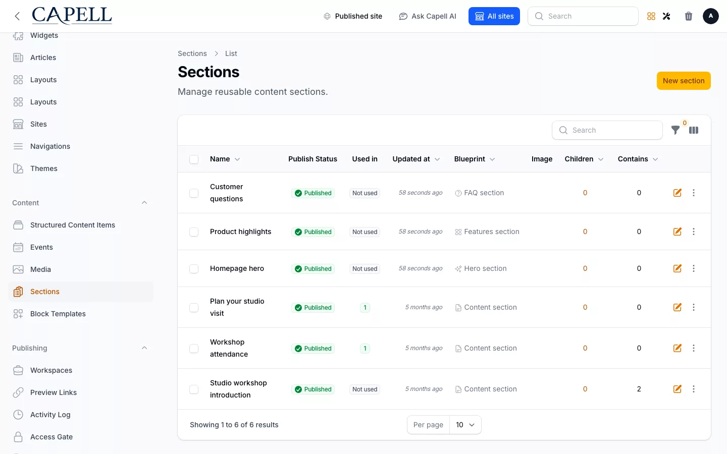 Content Sections screenshot showing reusable sections index with admin sidebar menu open.