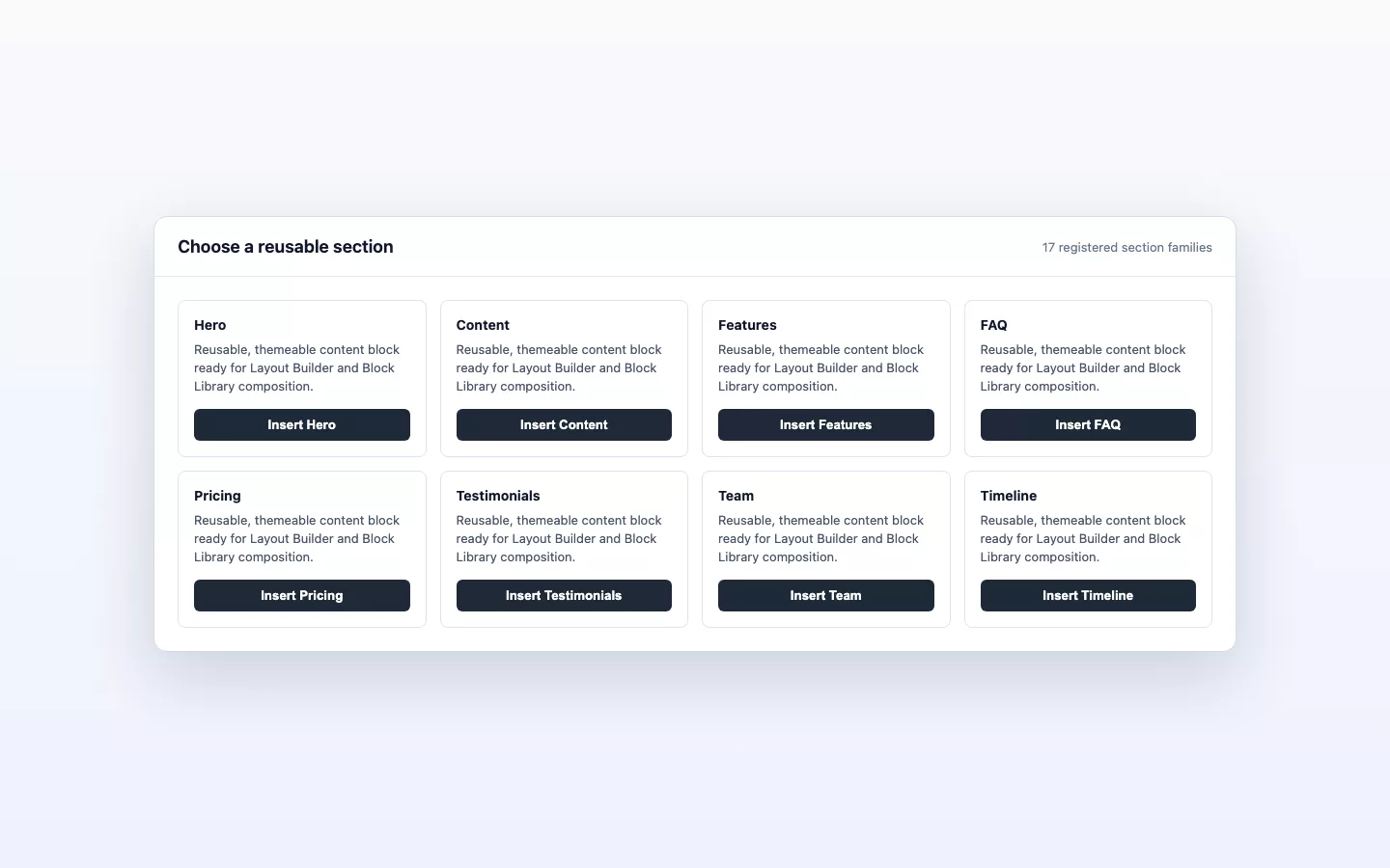 Content Sections screenshot showing section selector modal.