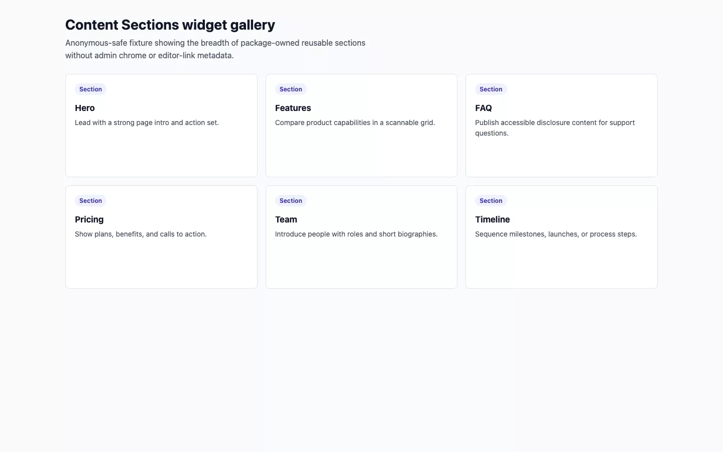 Content Sections screenshot showing frontend section widget gallery.