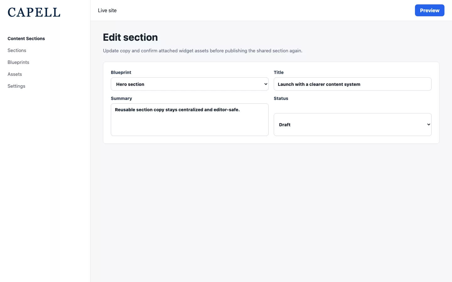 Edit Section form with publishing controls and assets panel