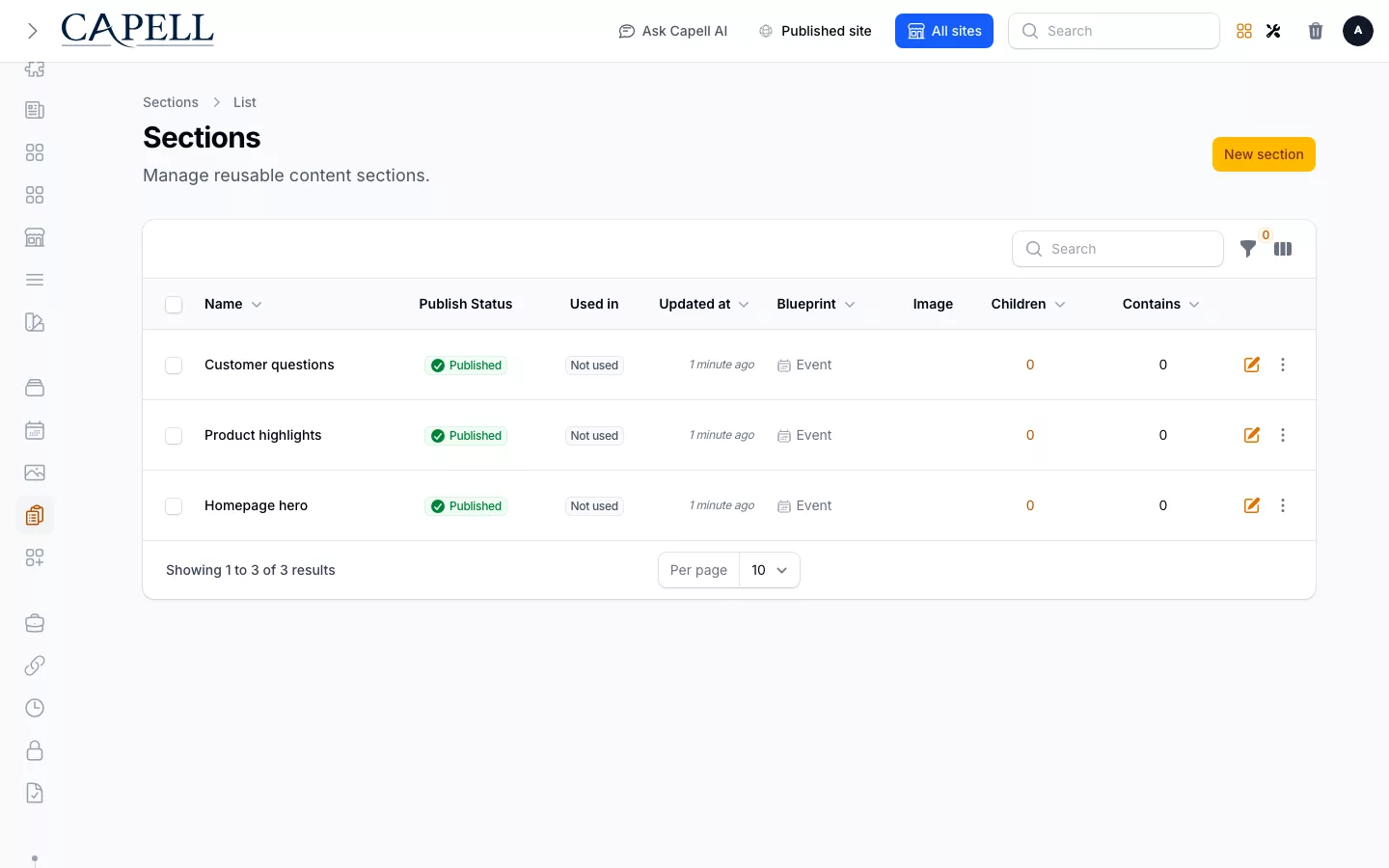 Content Sections admin index with reusable section records