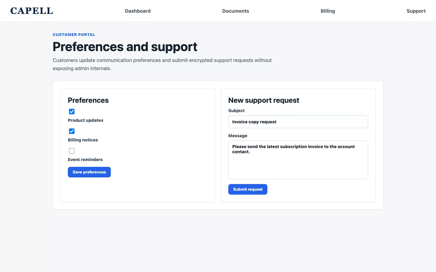 Customer portal preferences and support form