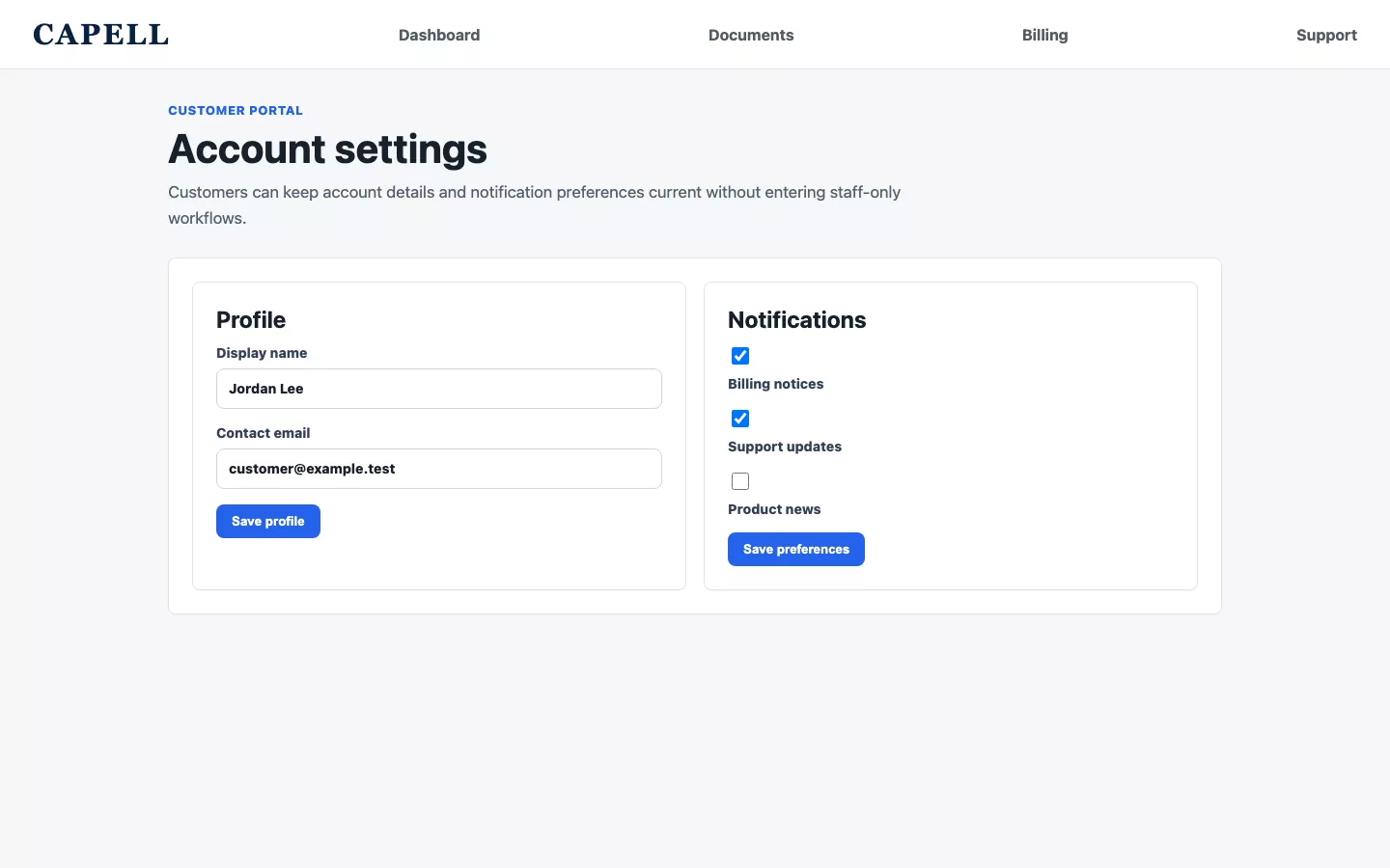 Customer Portal screenshot showing customer portal account settings.