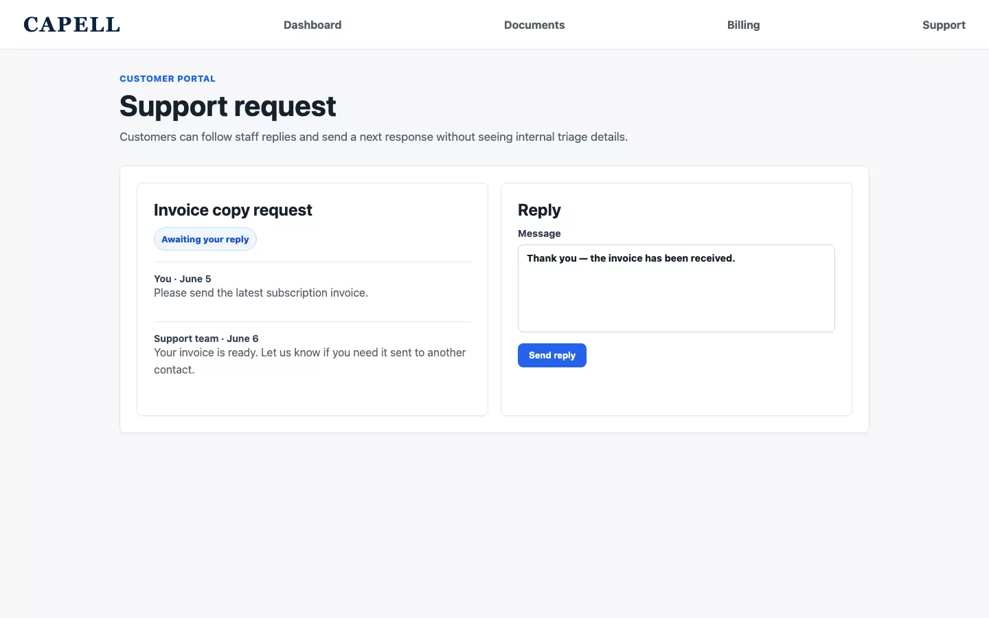Customer Portal screenshot showing customer portal support request thread.