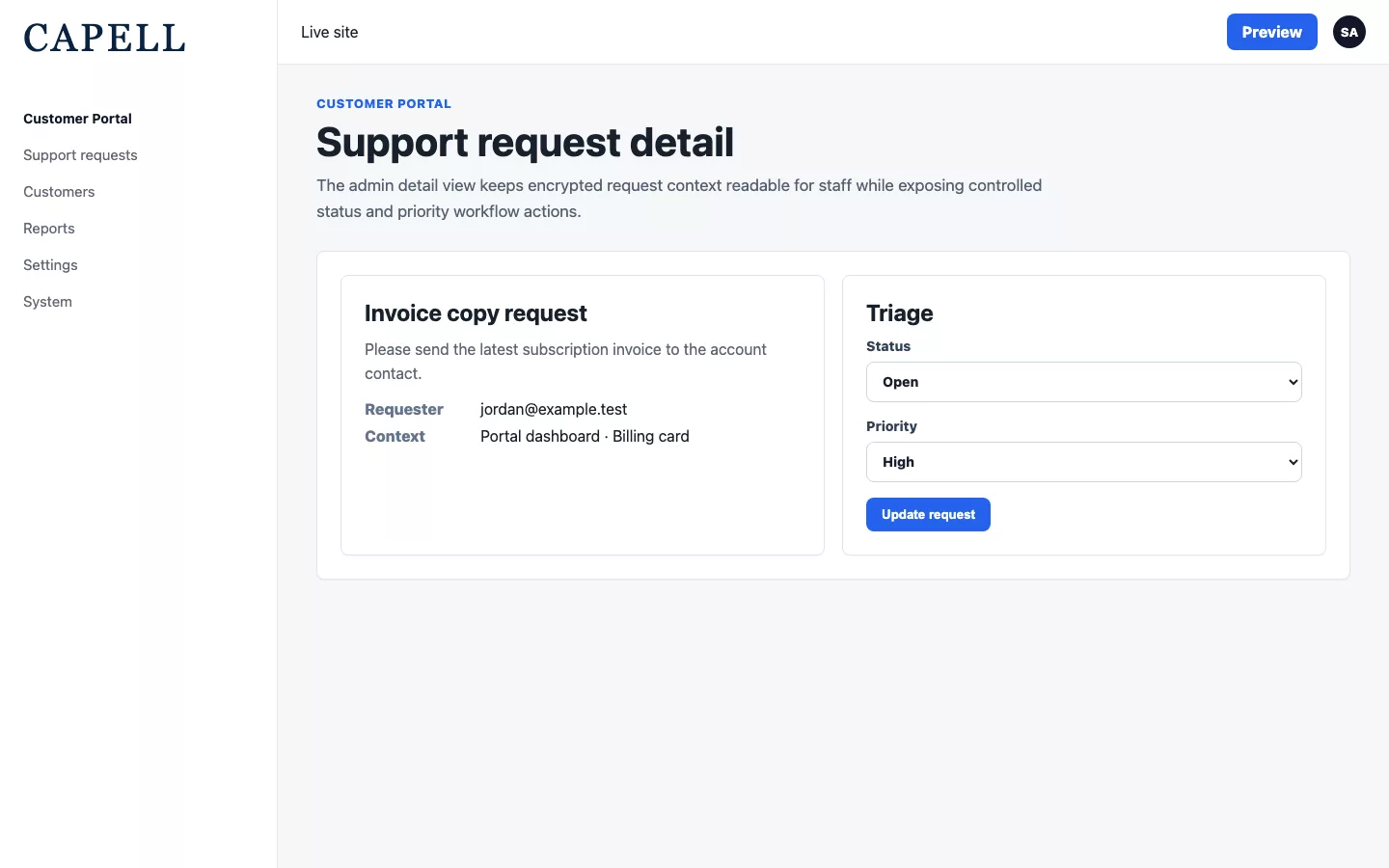 Customer portal support triage edit screen