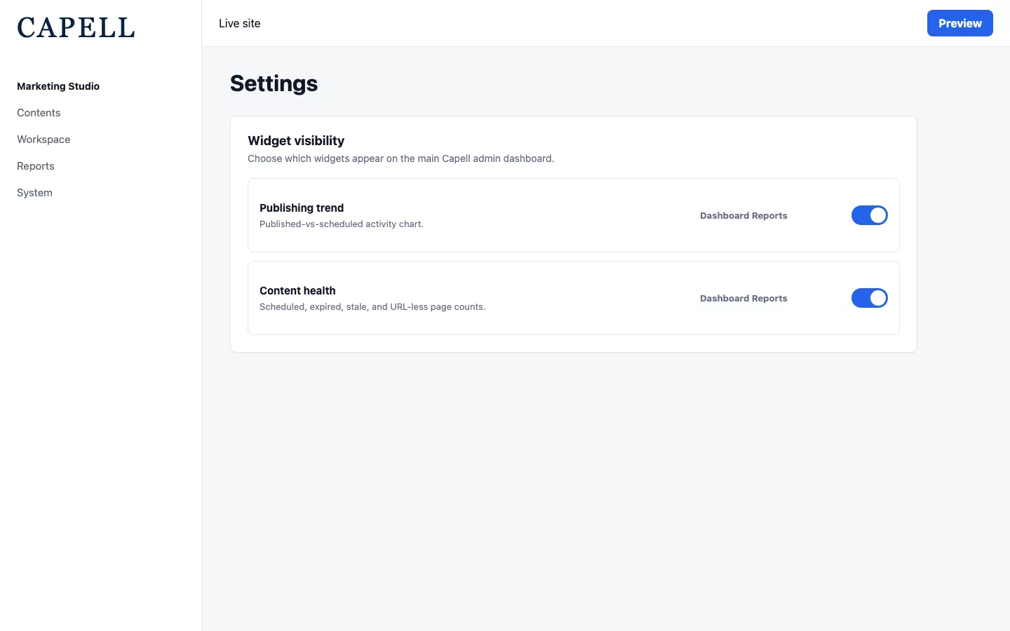 Dashboard Reports settings screen with widget visibility controls