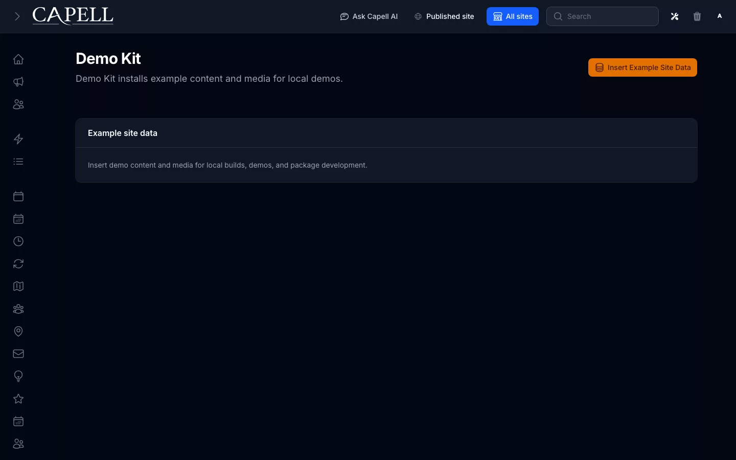 Demo Kit admin page in dark mode