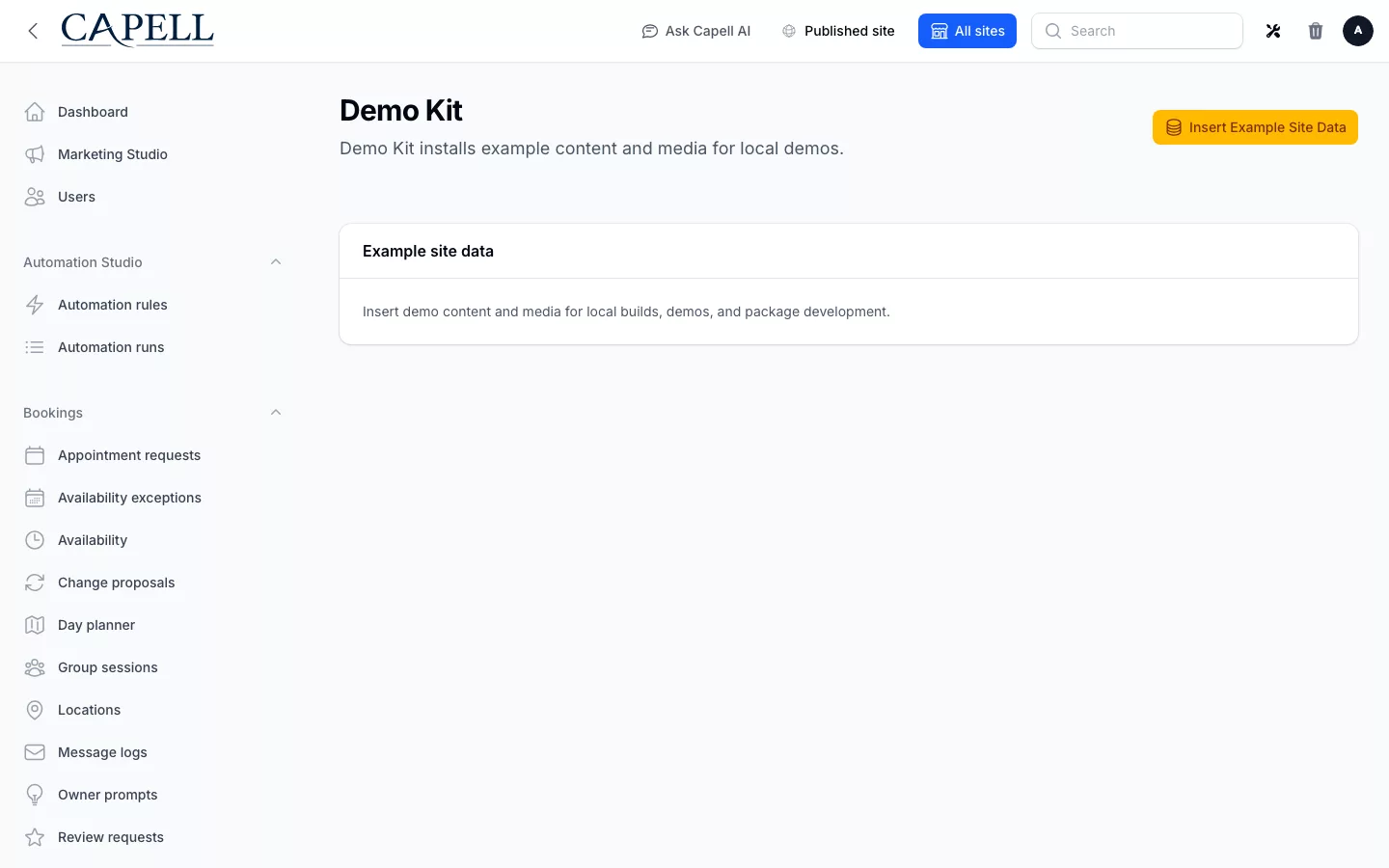 Demo Kit screenshot showing demo kit admin page with admin sidebar menu open.