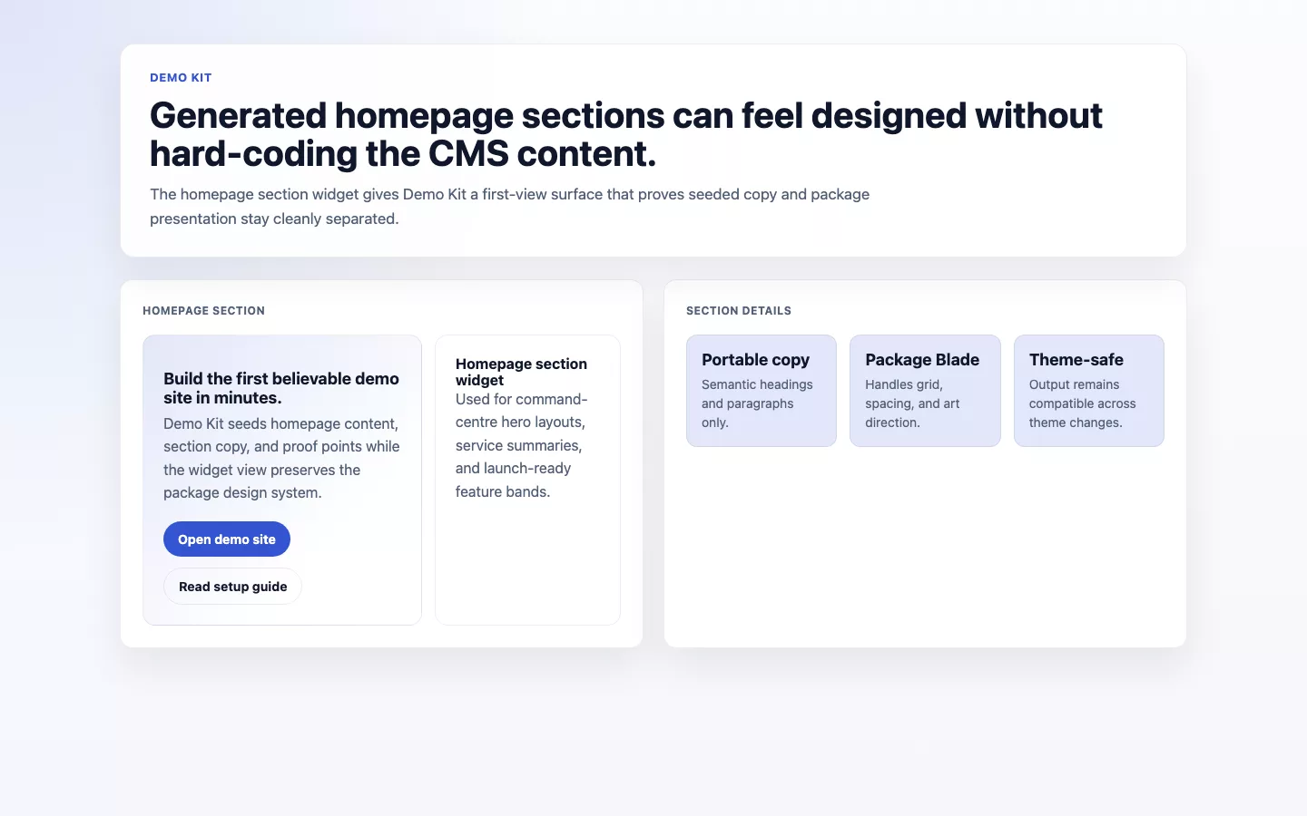 Demo Kit screenshot showing generated homepage section widget.