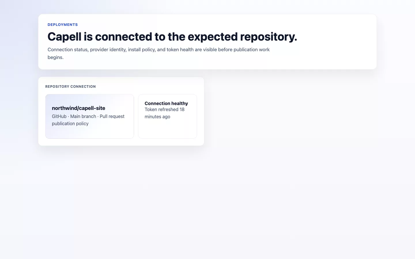 Deployments screenshot showing deployment connection page with a repository connected.
