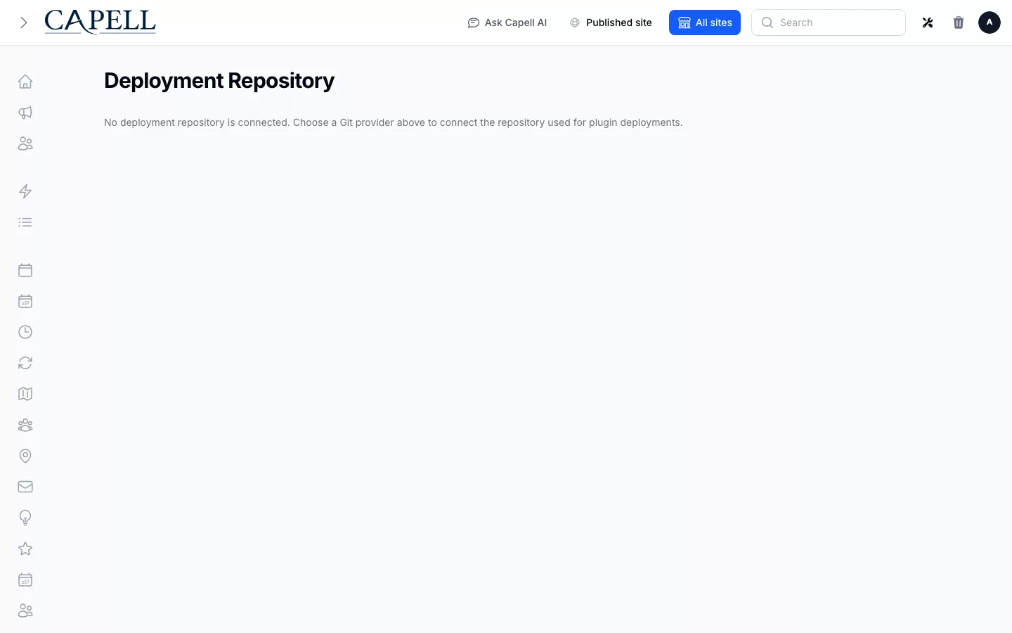 Deployment Repository page showing GitHub, GitLab, and Bitbucket OAuth connect buttons