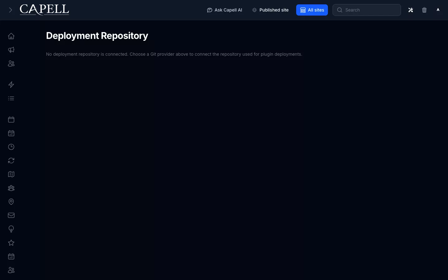 Deployment Repository page in dark mode showing Git provider OAuth connect buttons