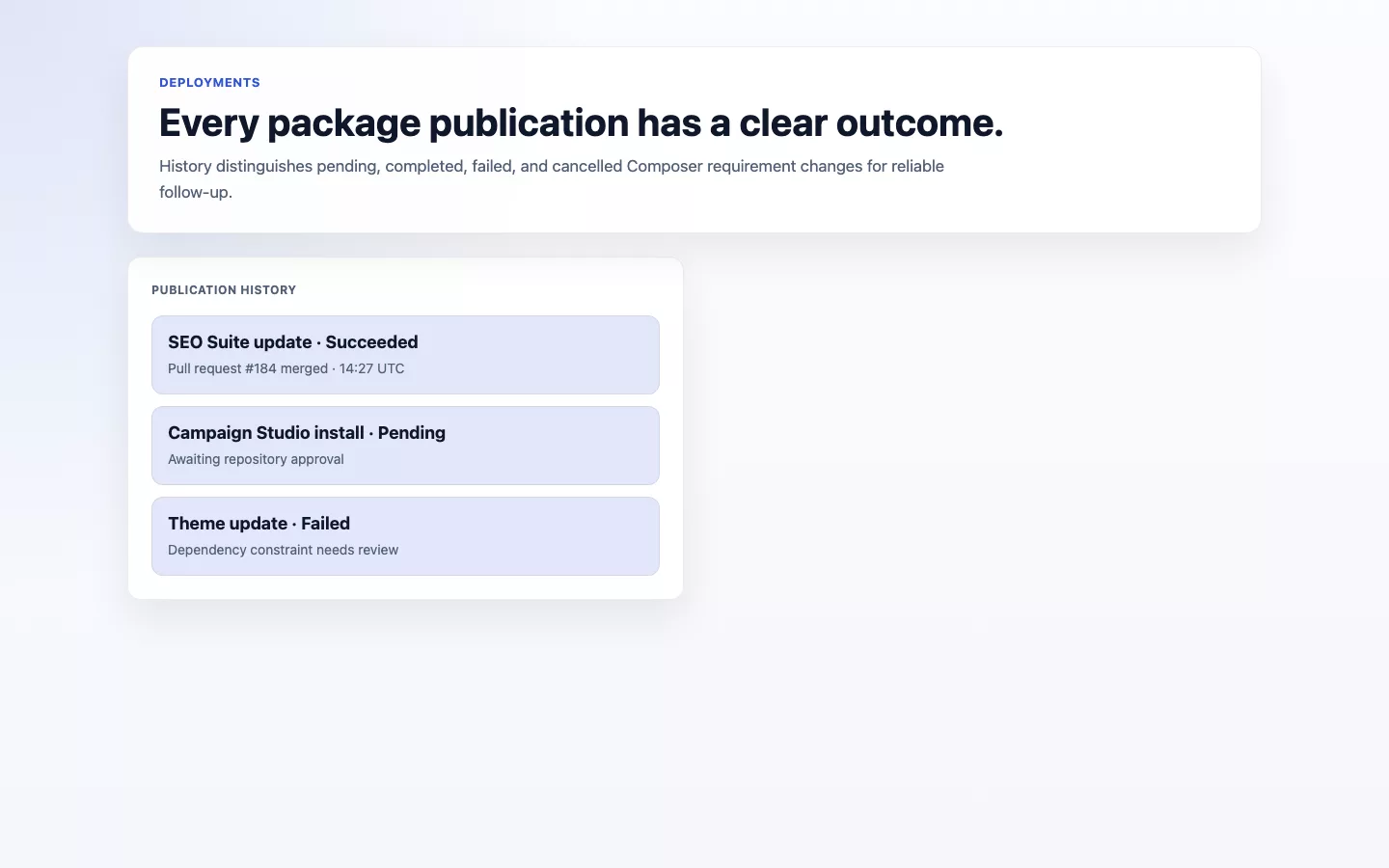 Deployments screenshot showing deployment publication history.