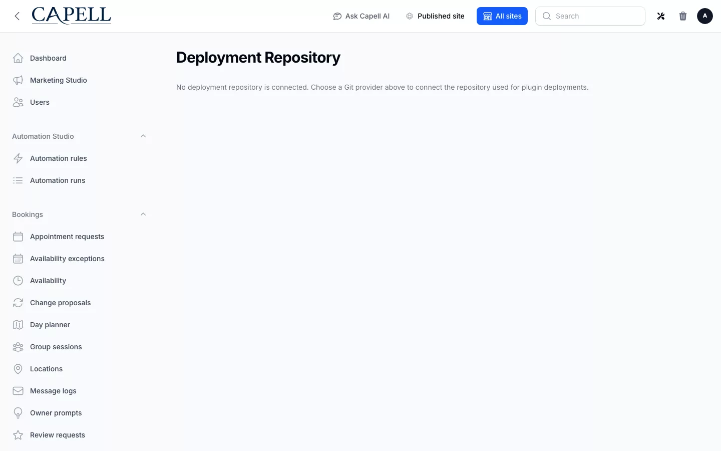 Deployments screenshot showing deployment connection page before a repository is connected with admin sidebar menu open.