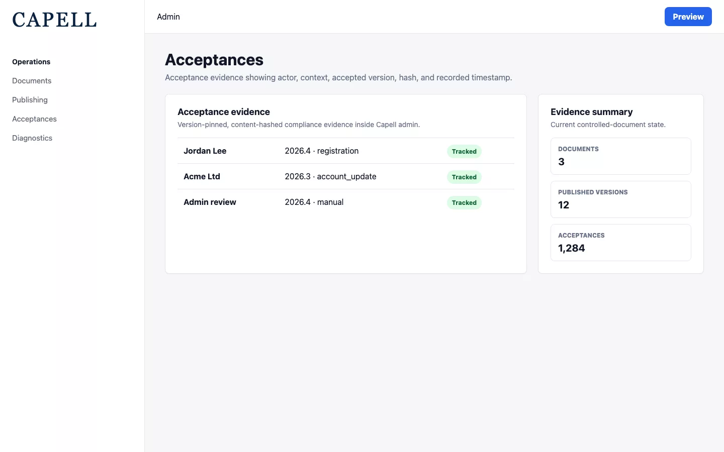 Document Lifecycle acceptances relation manager with actor and version evidence