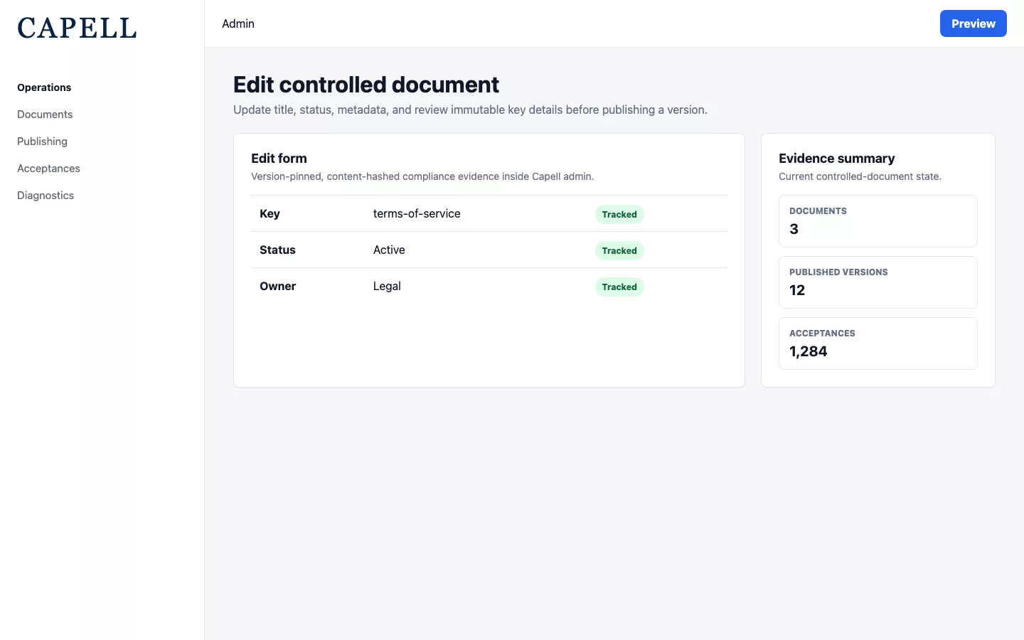Document Lifecycle controlled document edit form in Capell admin