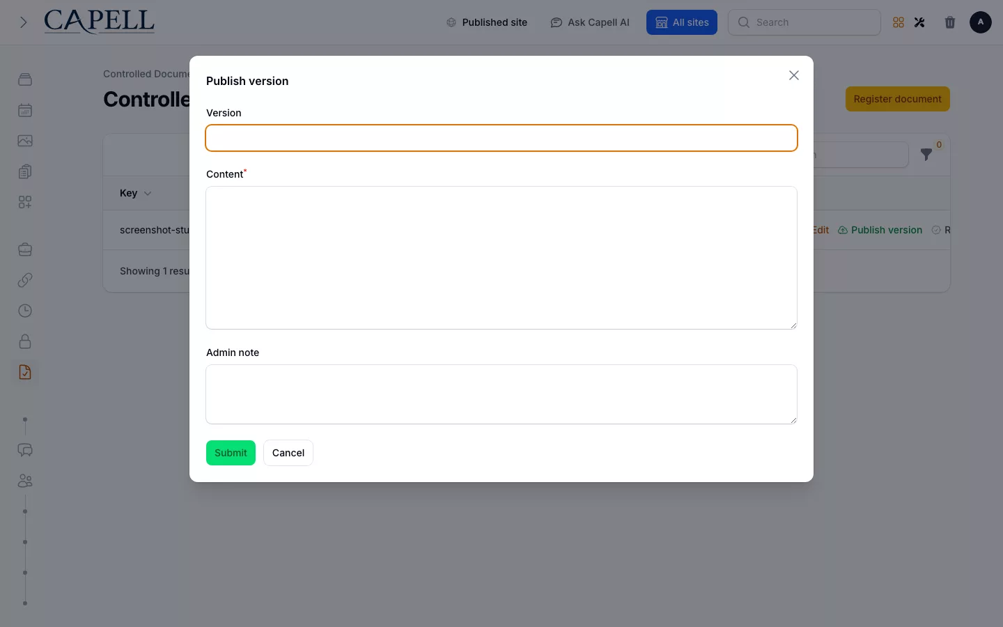 Document Lifecycle screenshot showing controlled document publish action.