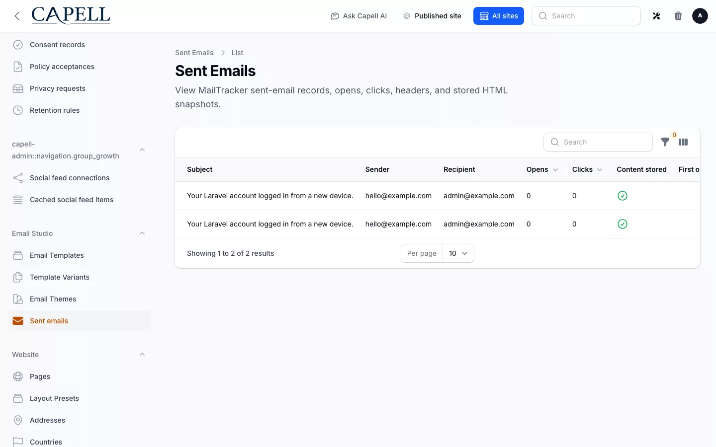 Email Studio screenshot showing sent emails admin index with admin sidebar menu open.