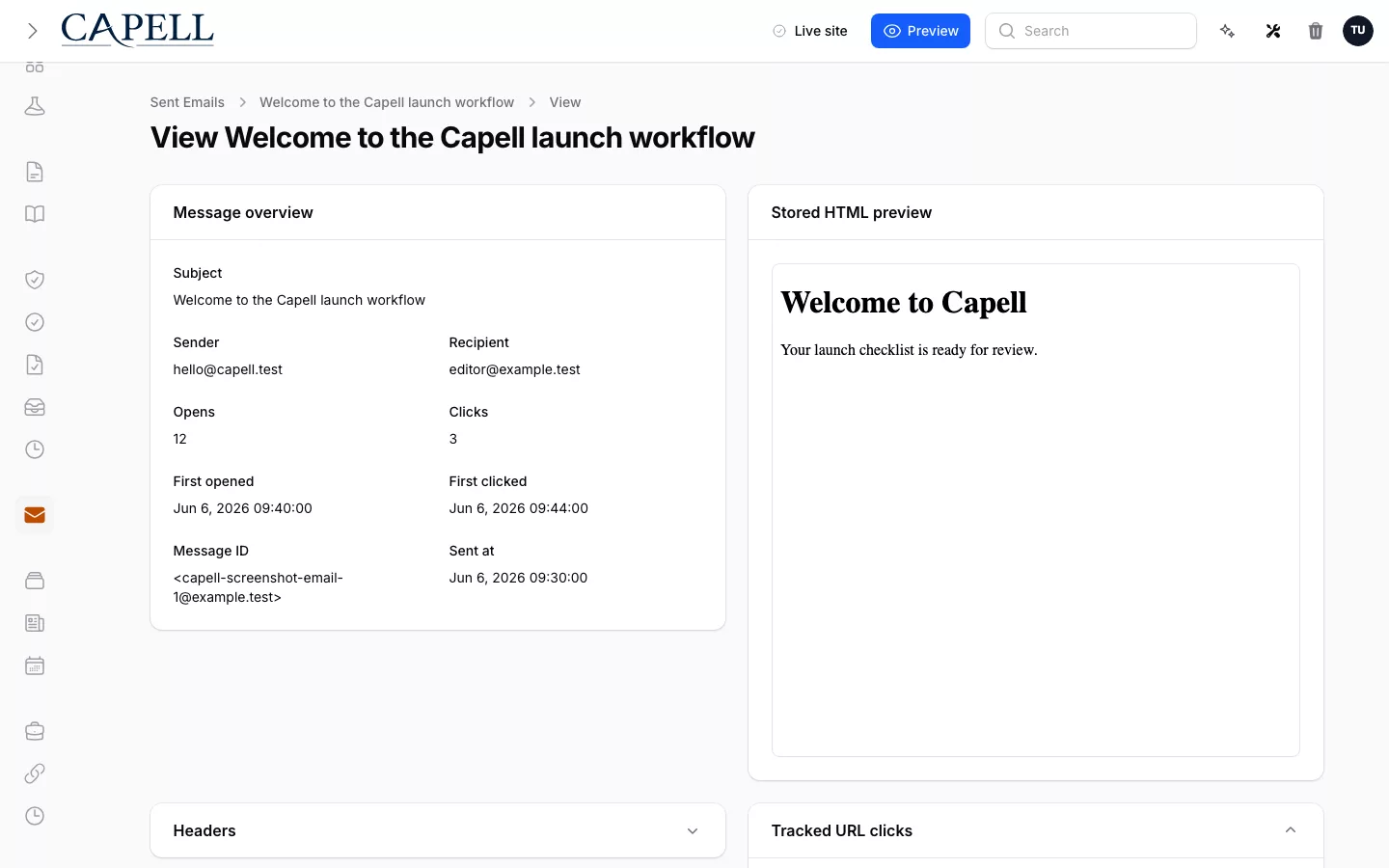 Email Studio sent email detail page with headers and sandboxed HTML preview