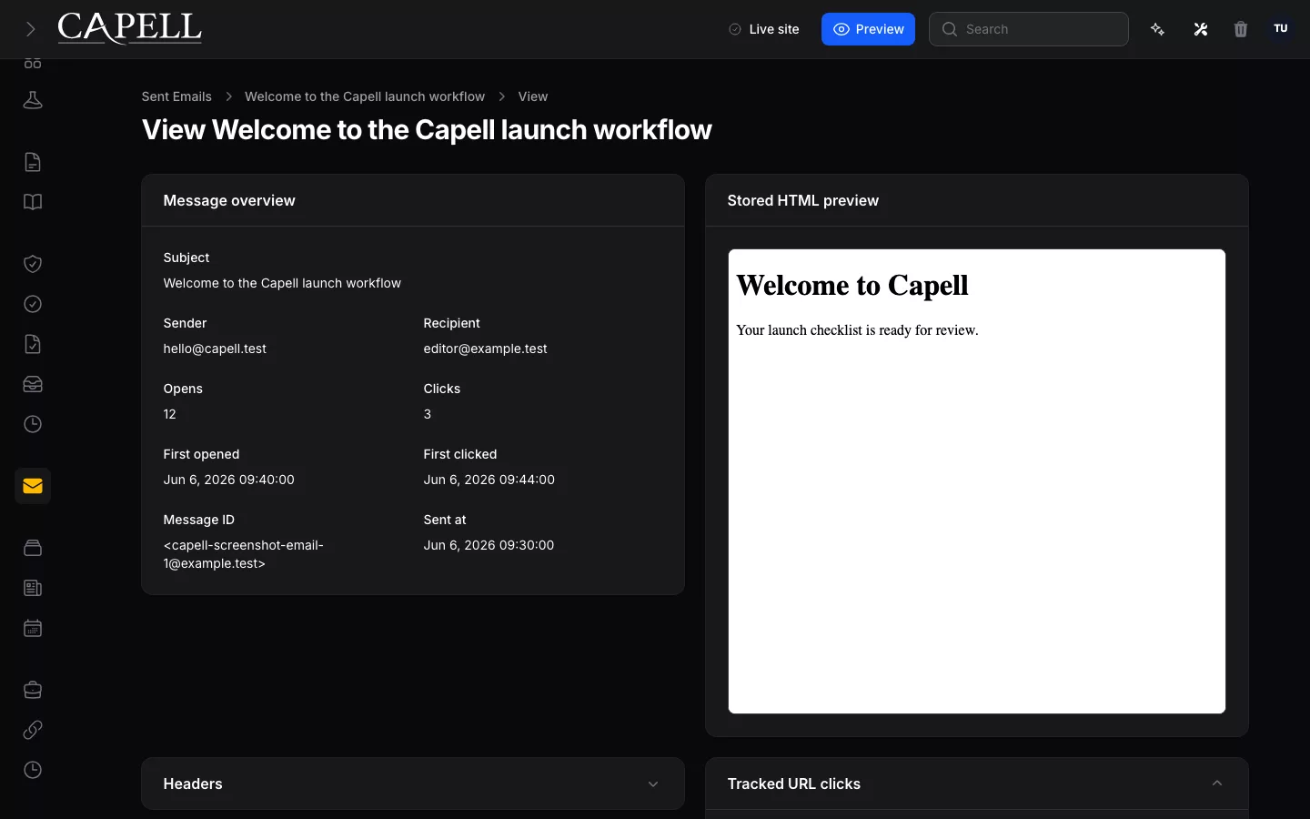 Email Studio sent email detail page with headers and sandboxed HTML preview in dark mode
