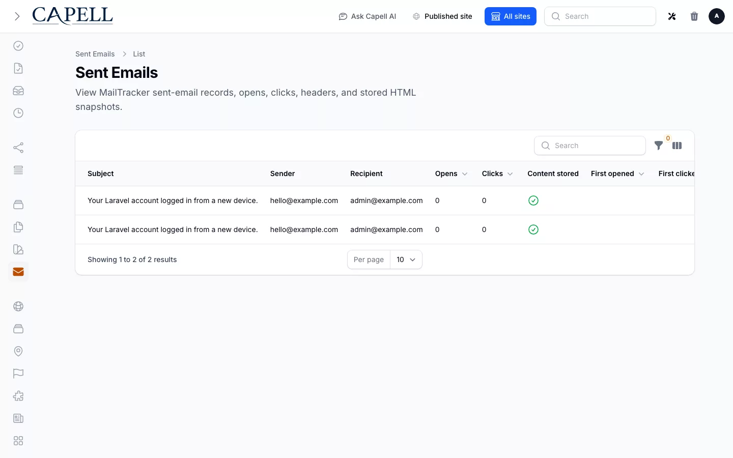 Email Studio sent emails table with MailTracker opens and clicks